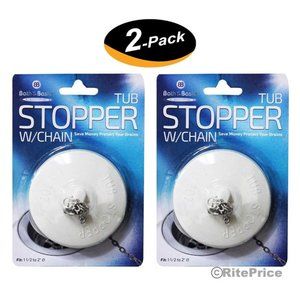 Bath Tub Drain Stopper with Chain, Rubber Material, (White Color) (2 Pack)